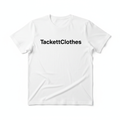 White t-shirt with TackettClothes brand printed on chest