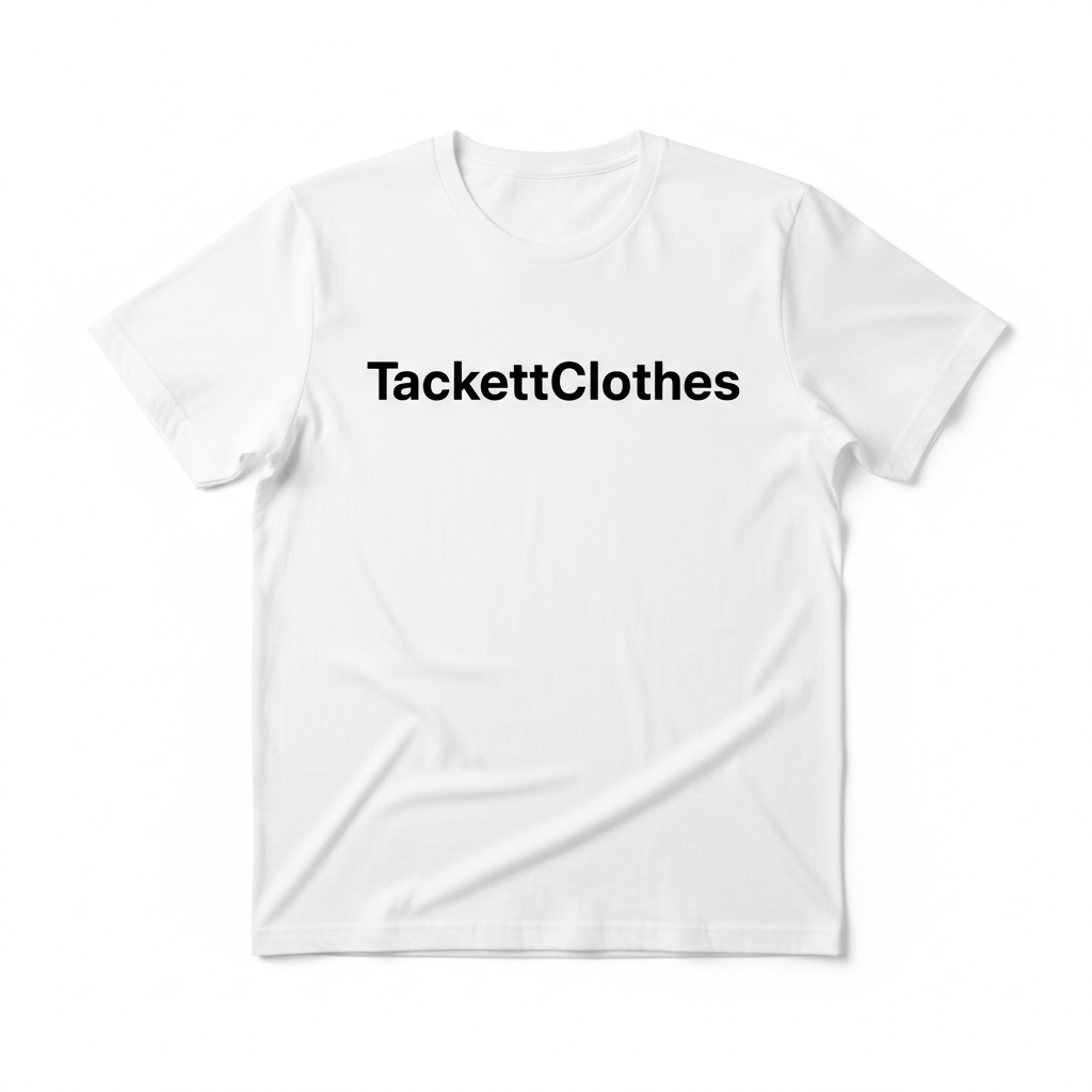 White t-shirt with TackettClothes brand printed on chest