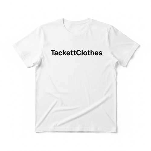 White t-shirt with TackettClothes brand printed on chest