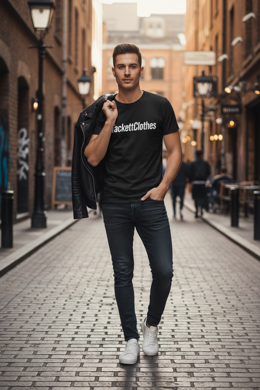 Model wearing black TackettClothes branded t-shirt in urban setting