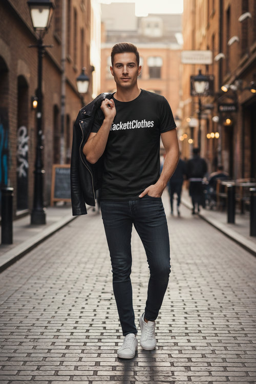 Model wearing black TackettClothes branded t-shirt in urban setting