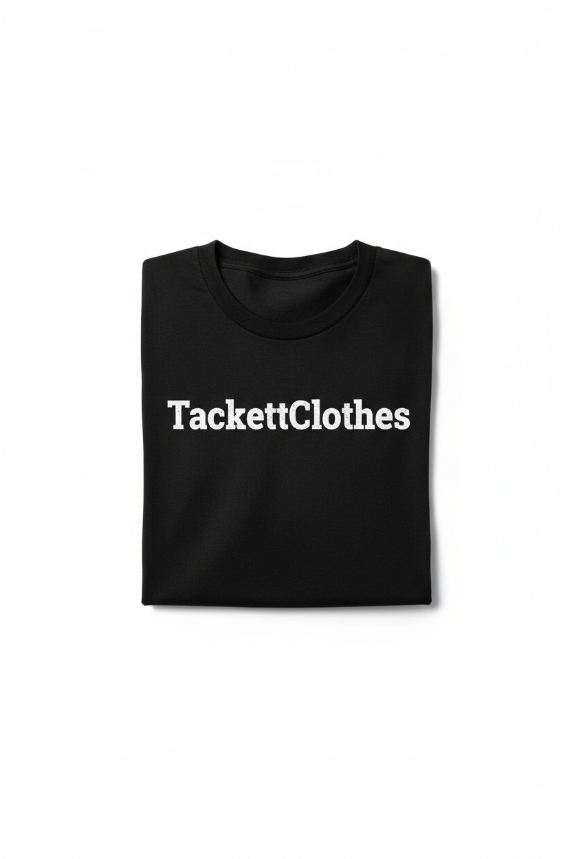 Black t-shirt with TackettClothes brand print on white background